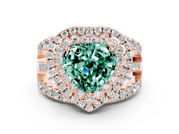 Rose gold Heart Cut Green Sapphire Double Halo Ring with Round Pavé Split Shank and Prong Setting