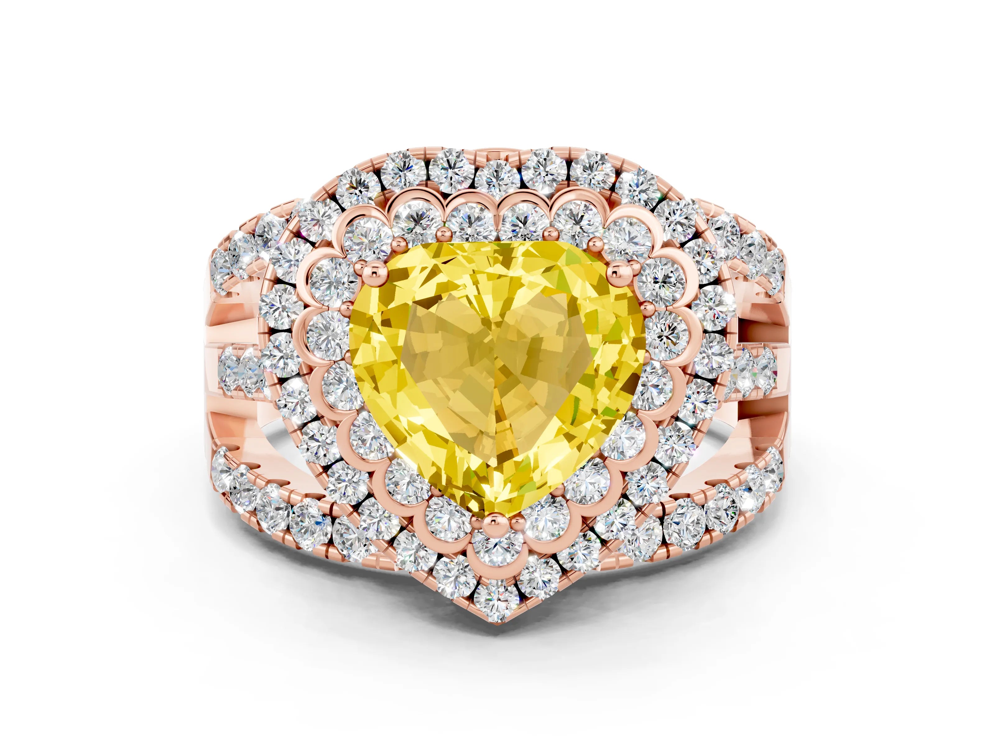 Rose gold Double Halo Heart Cut Diamond Split Shank Pave Set Ring
