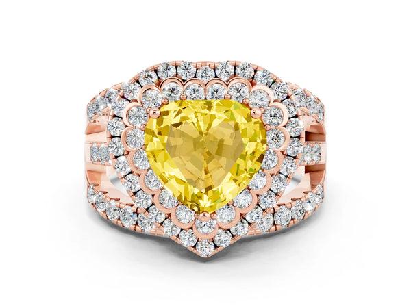 Rose gold Heart Cut Yellow Sapphire Double Halo Ring with Round Pavé Split Shank and Prong Setting
