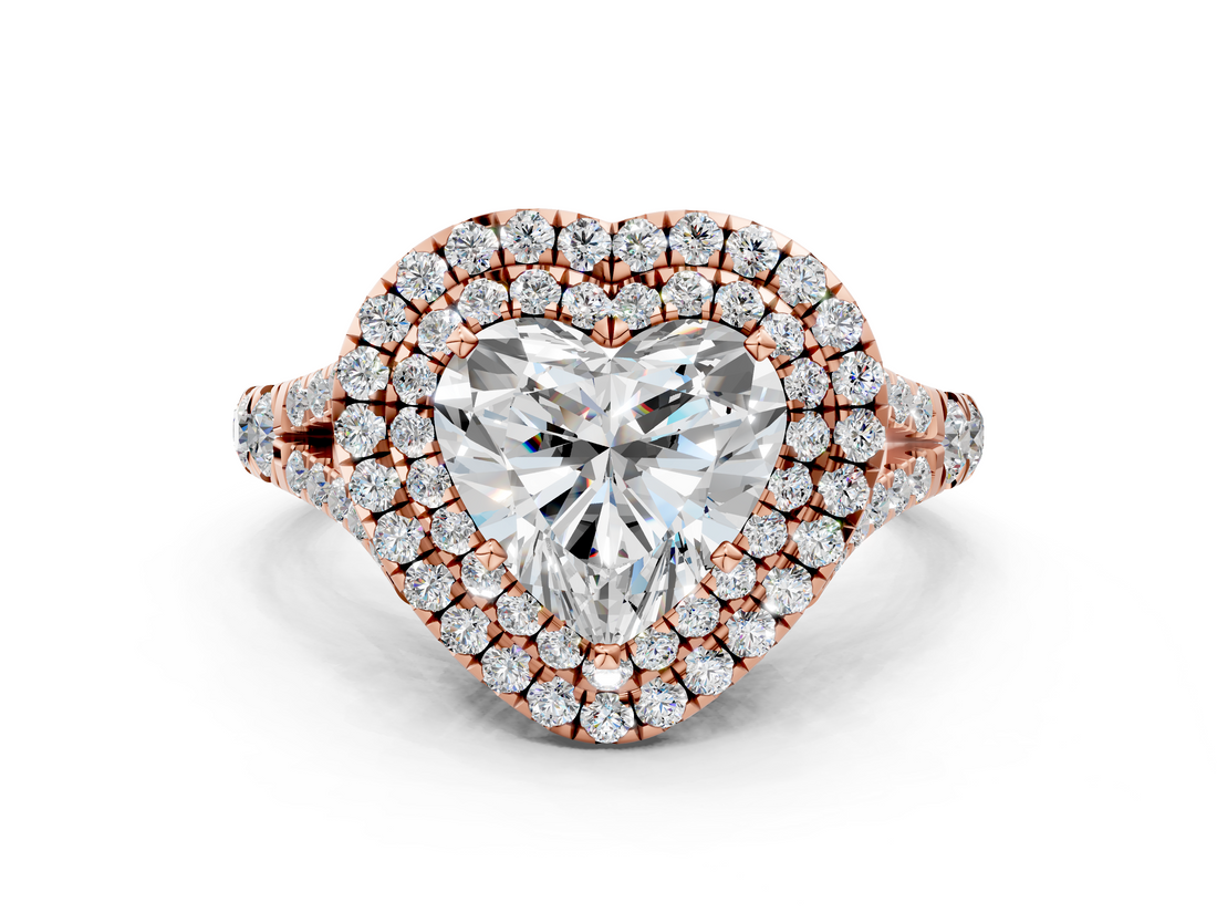 Rose gold Double Halo Heart Cut Diamond Split Shank Ring with Four Prong Setting_32