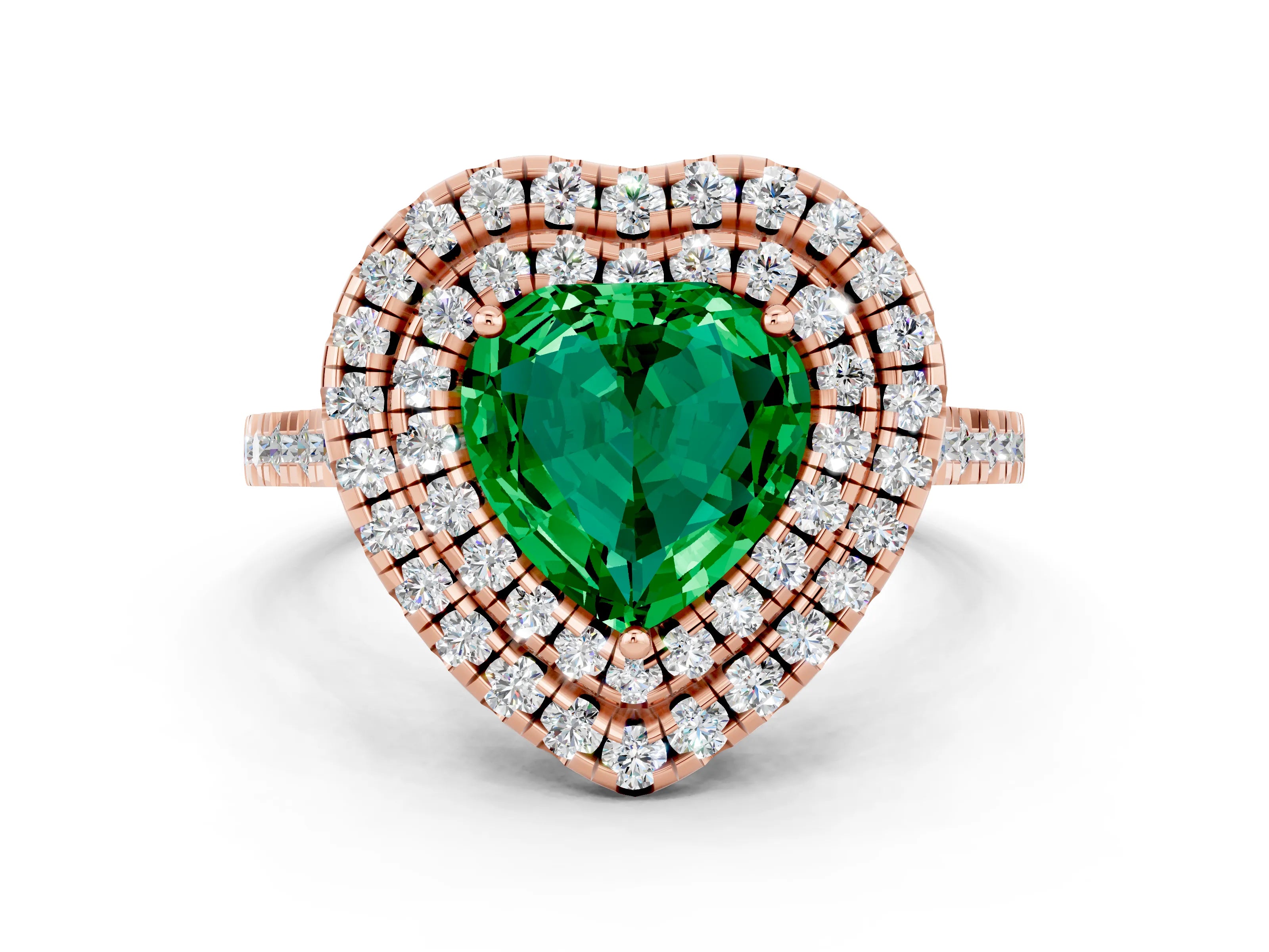 Rose gold Double Halo Heart Cut Emerald Pavé Band with Four-Prong Setting