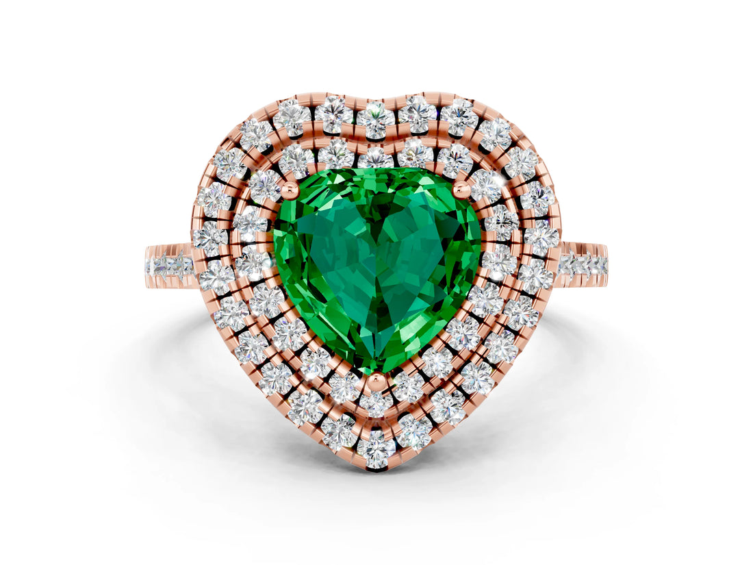 Rose gold Double Halo Heart Cut Emerald Pavé Band with Four-Prong Setting