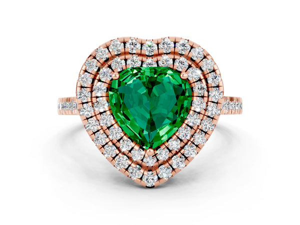 Rose gold Double Halo Heart Cut Emerald Pavé Band with Four-Prong Setting
