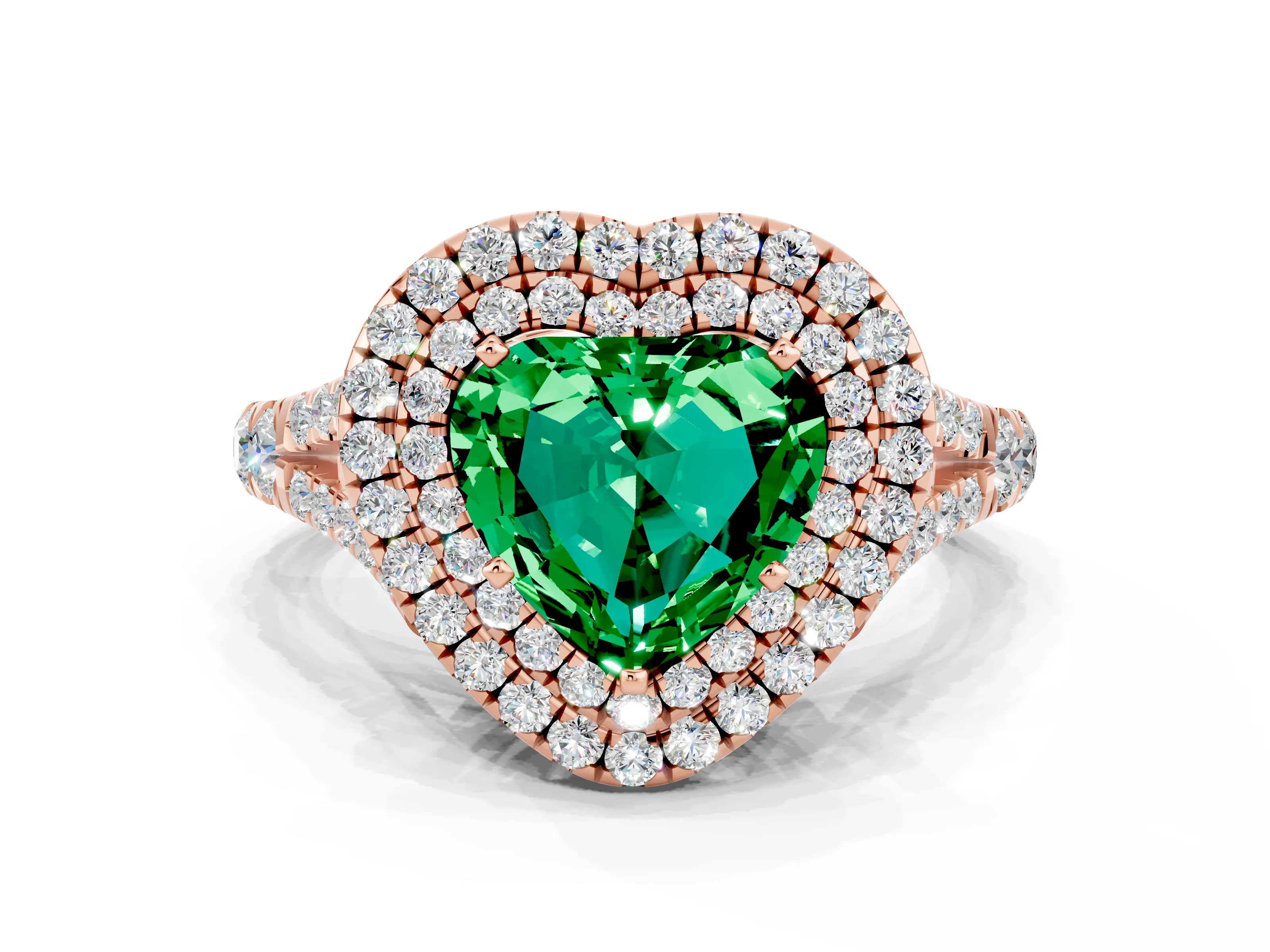 Rose gold Double Halo Heart Cut Emerald Pavé Split Shank Ring with Prong Setting