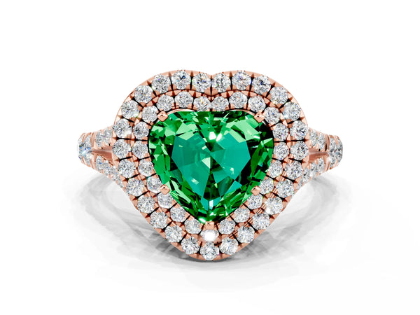 Rose gold Double Halo Heart Cut Emerald Pavé Split Shank Ring with Prong Setting