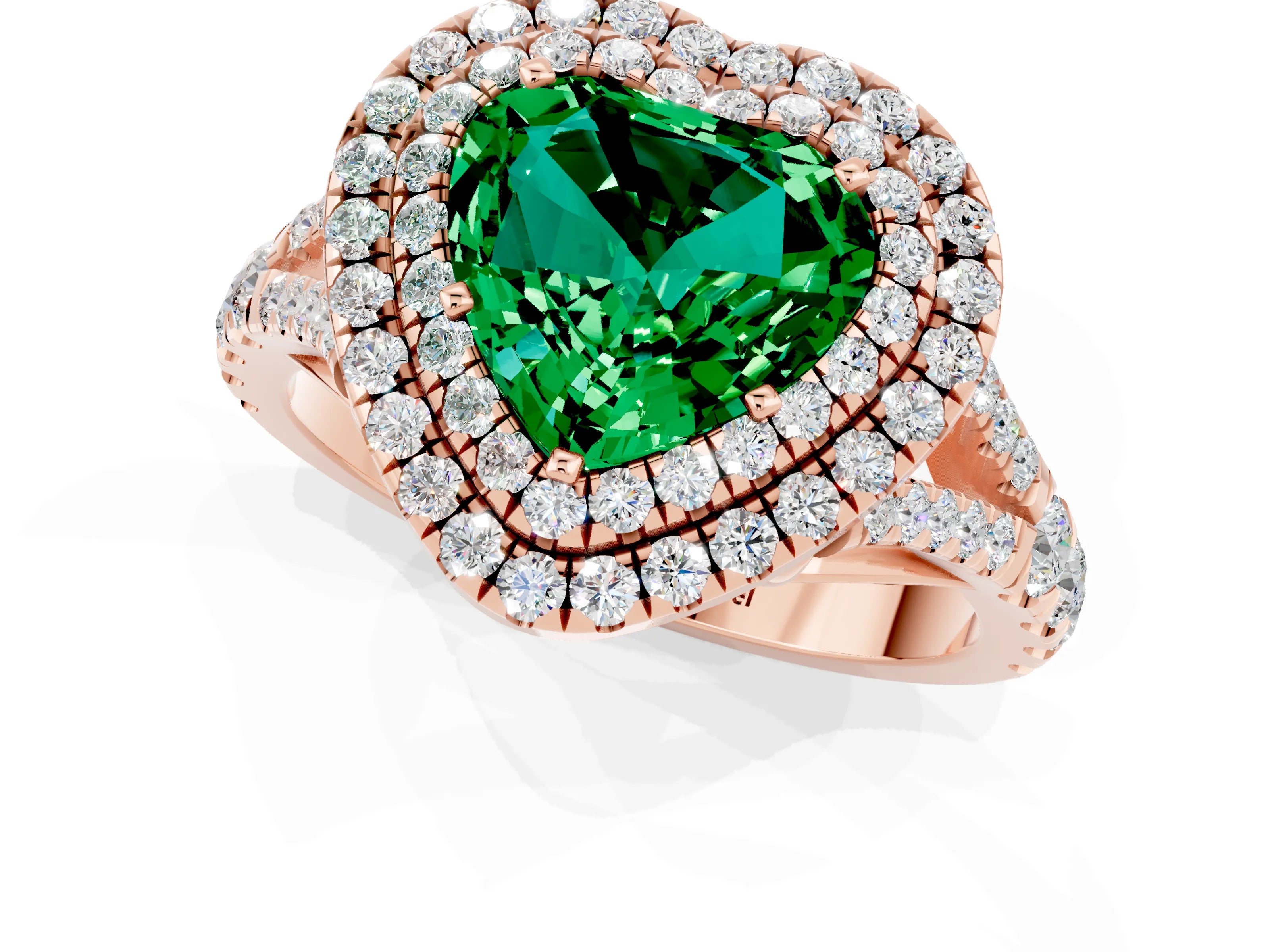 Rose gold Double Halo Heart Cut Emerald Pavé Split Shank Ring with Prong Setting_1