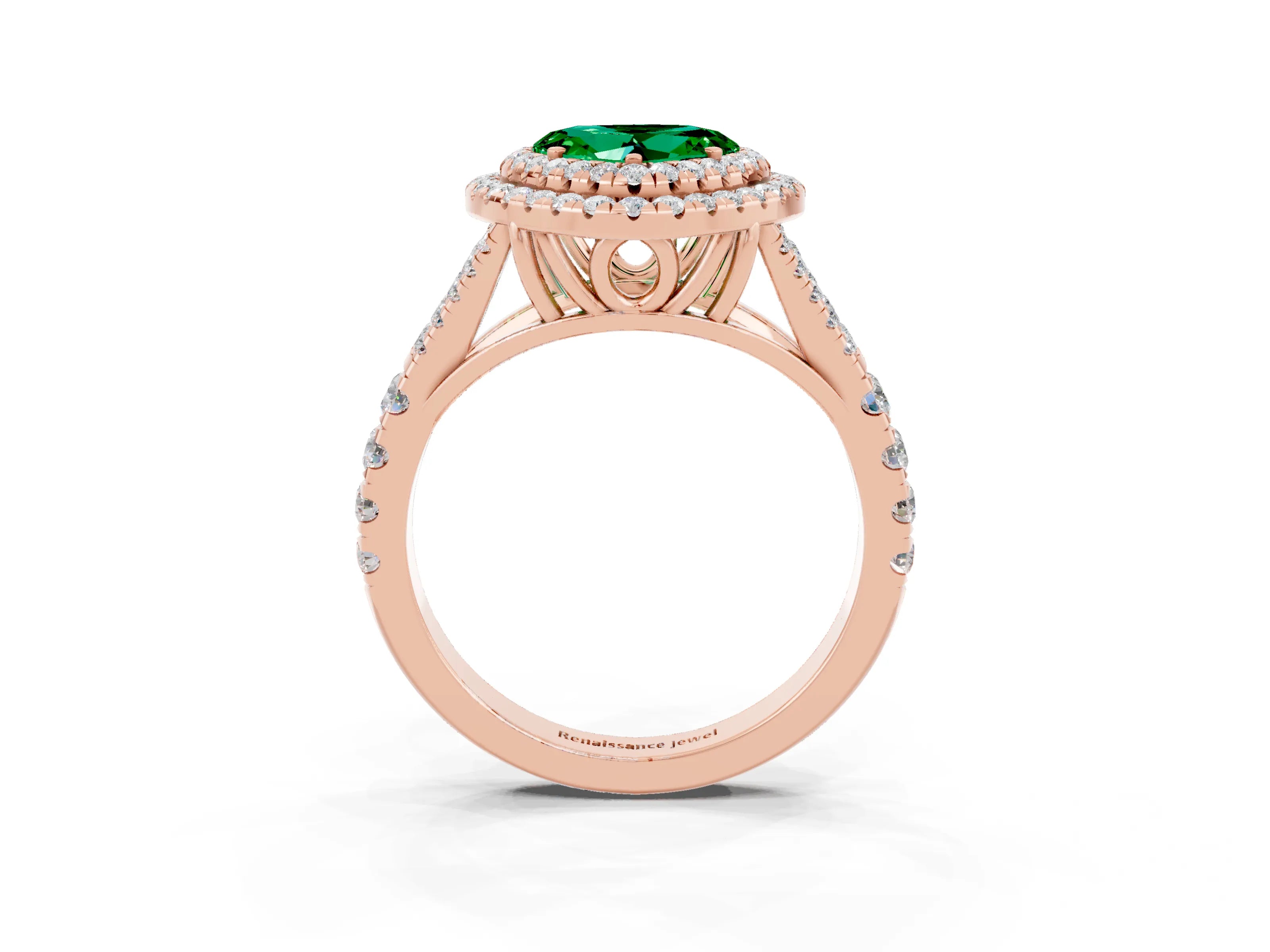 Rose gold Double Halo Heart Cut Emerald Pavé Split Shank Ring with Prong Setting_3