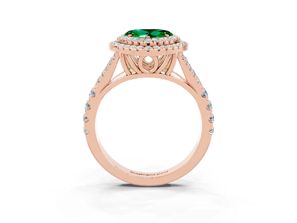Rose gold Double Halo Heart Cut Emerald Pavé Split Shank Ring with Prong Setting