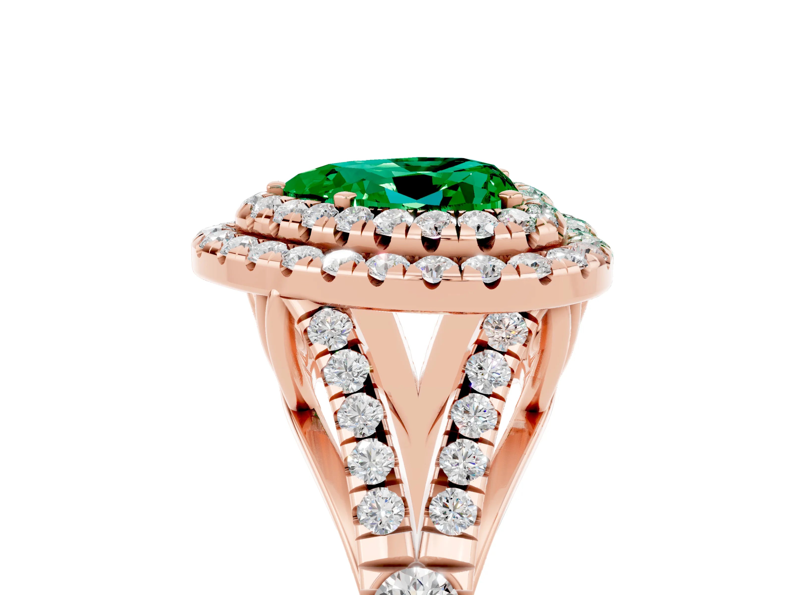 Rose gold Double Halo Heart Cut Emerald Pavé Split Shank Ring with Prong Setting_5