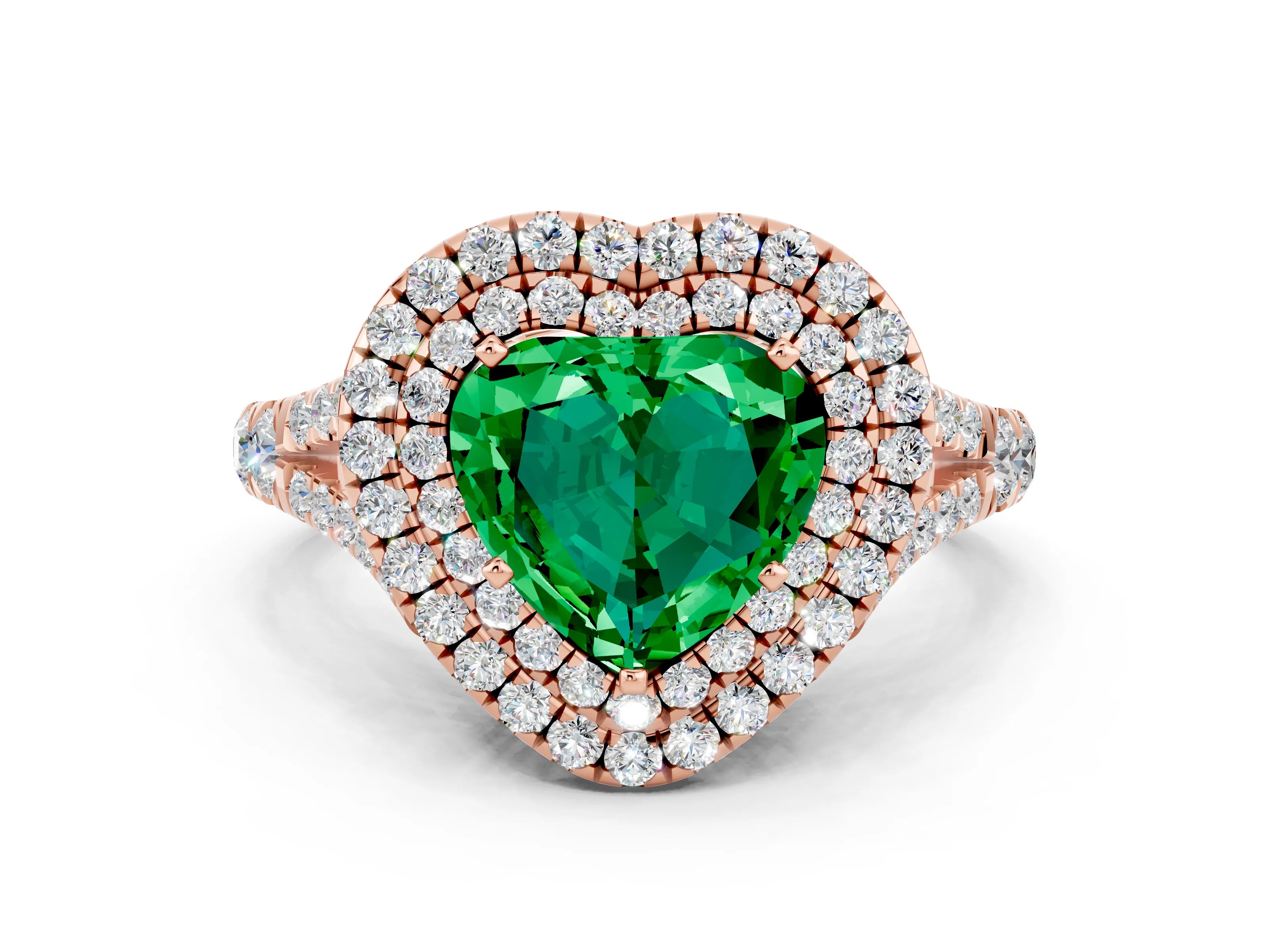 Rose gold Double Halo Heart Cut Emerald Split Shank Engagement Ring with Four-Prong Setting