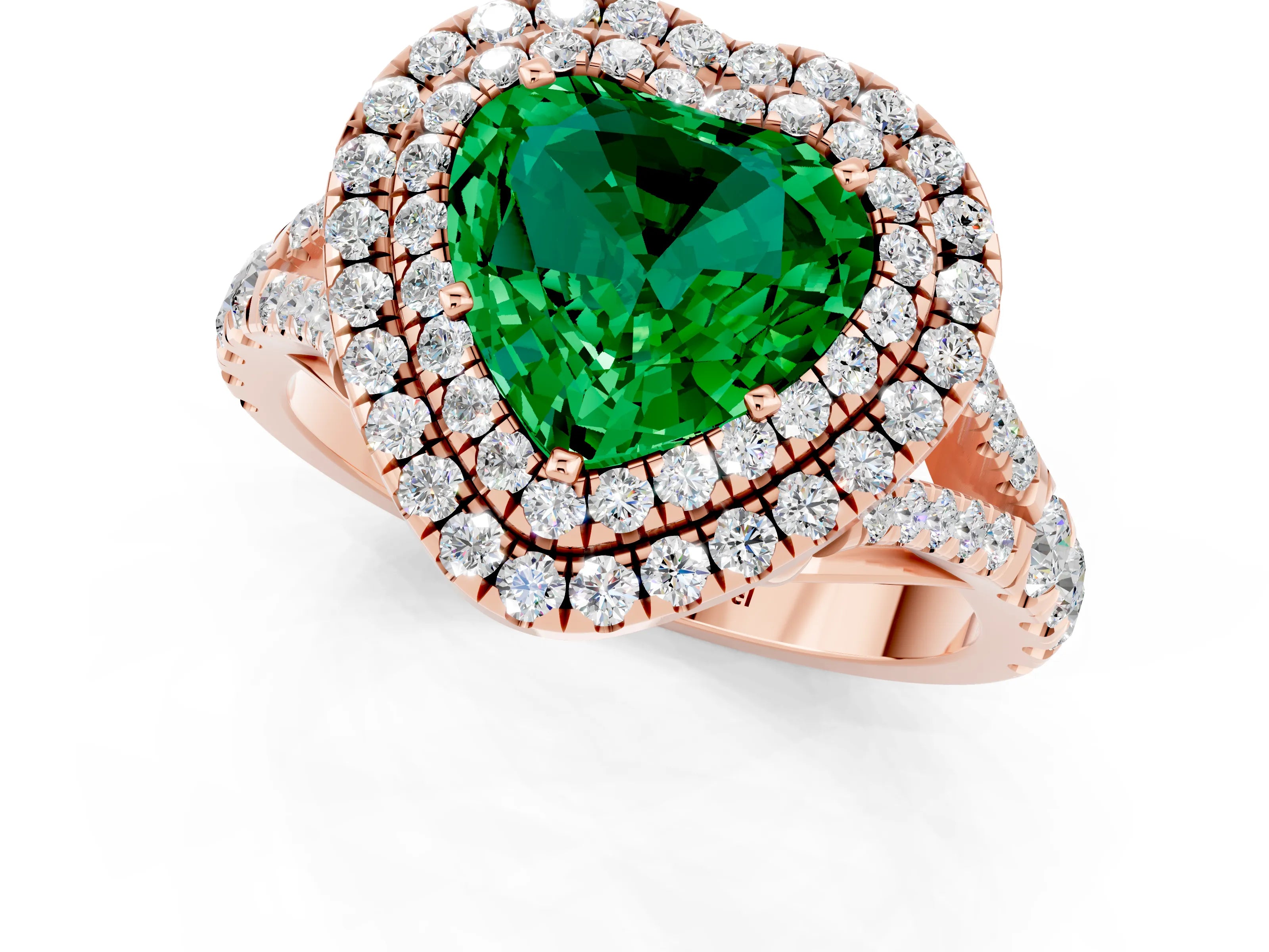 Rose gold Double Halo Heart Cut Emerald Split Shank Engagement Ring with Four-Prong Setting_1