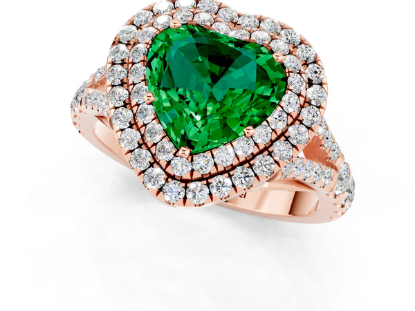 Rose gold Double Halo Heart Cut Emerald Split Shank Engagement Ring with Four-Prong Setting
