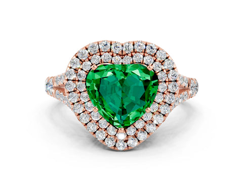 Rose gold Double Halo Heart Cut Emerald Split Shank Engagement Ring with Four-Prong Setting