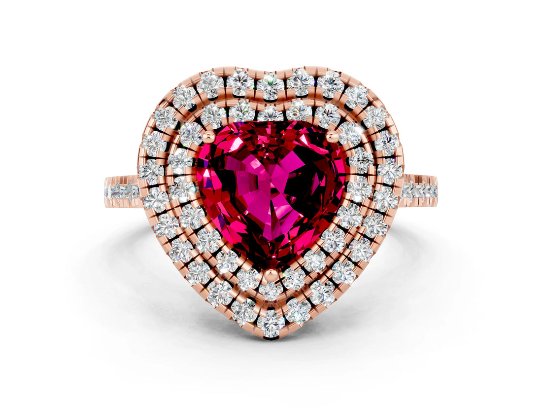 Rose gold Double Halo Heart Cut Garnet Pavé Band with Four-Prong Setting