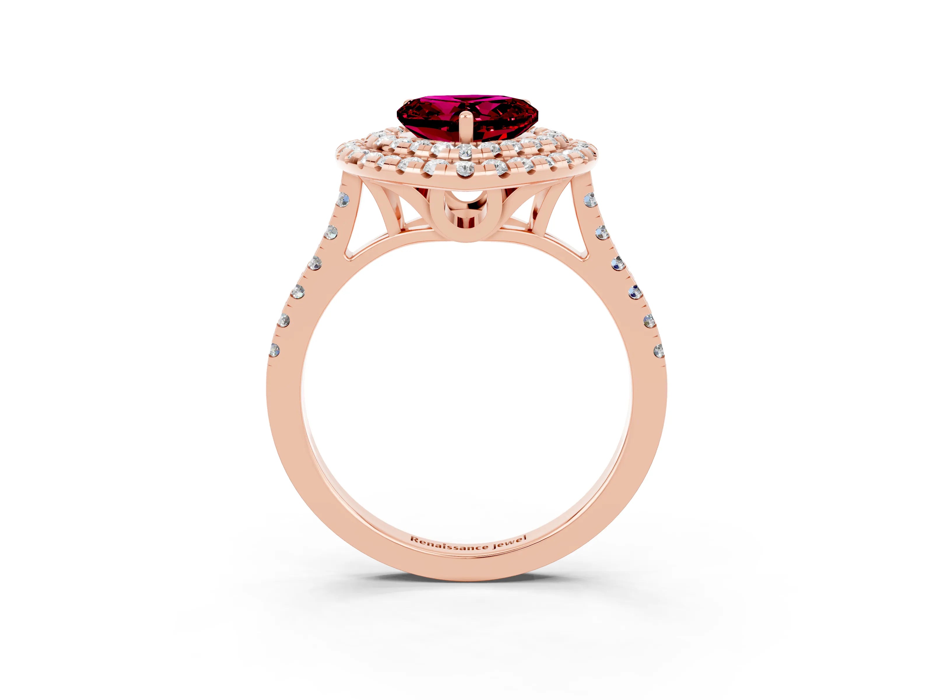Rose gold Double Halo Heart Cut Garnet Pavé Band with Four-Prong Setting_3