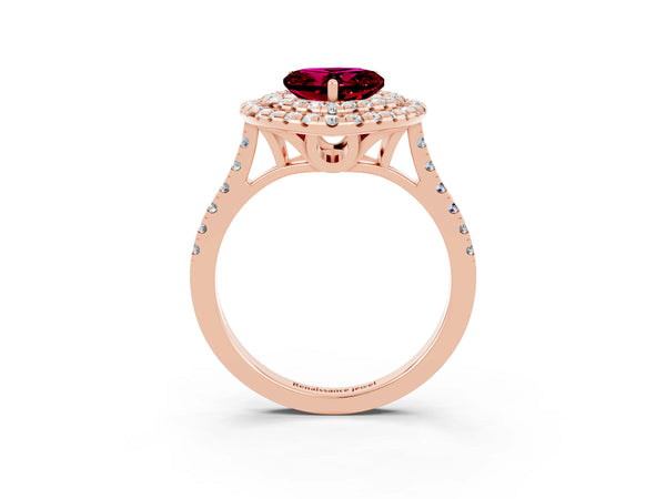 Rose gold Double Halo Heart Cut Garnet Pavé Band with Four-Prong Setting