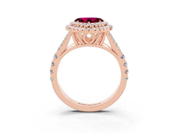 Rose gold Double Halo Heart Cut Garnet Pavé Split Shank Ring with Prong Setting