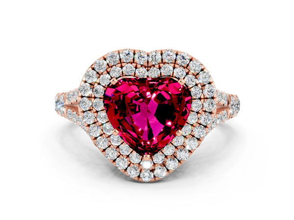 Rose gold Double Halo Heart Cut Garnet Split Shank Engagement Ring with Four-Prong Setting