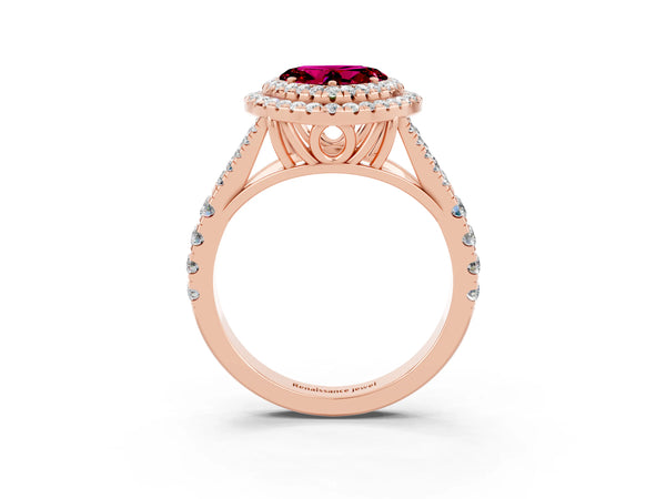 Rose gold Double Halo Heart Cut Garnet Split Shank Engagement Ring with Four-Prong Setting