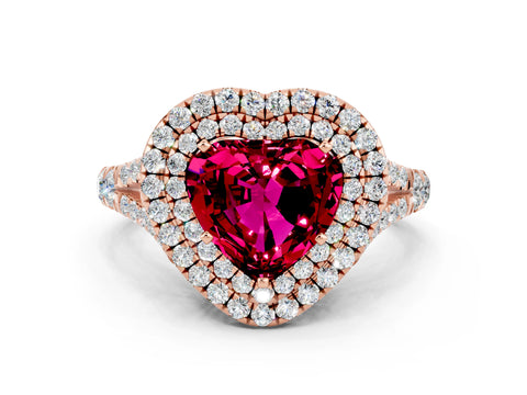Rose gold Double Halo Heart Cut Garnet Split Shank Engagement Ring with Four-Prong Setting