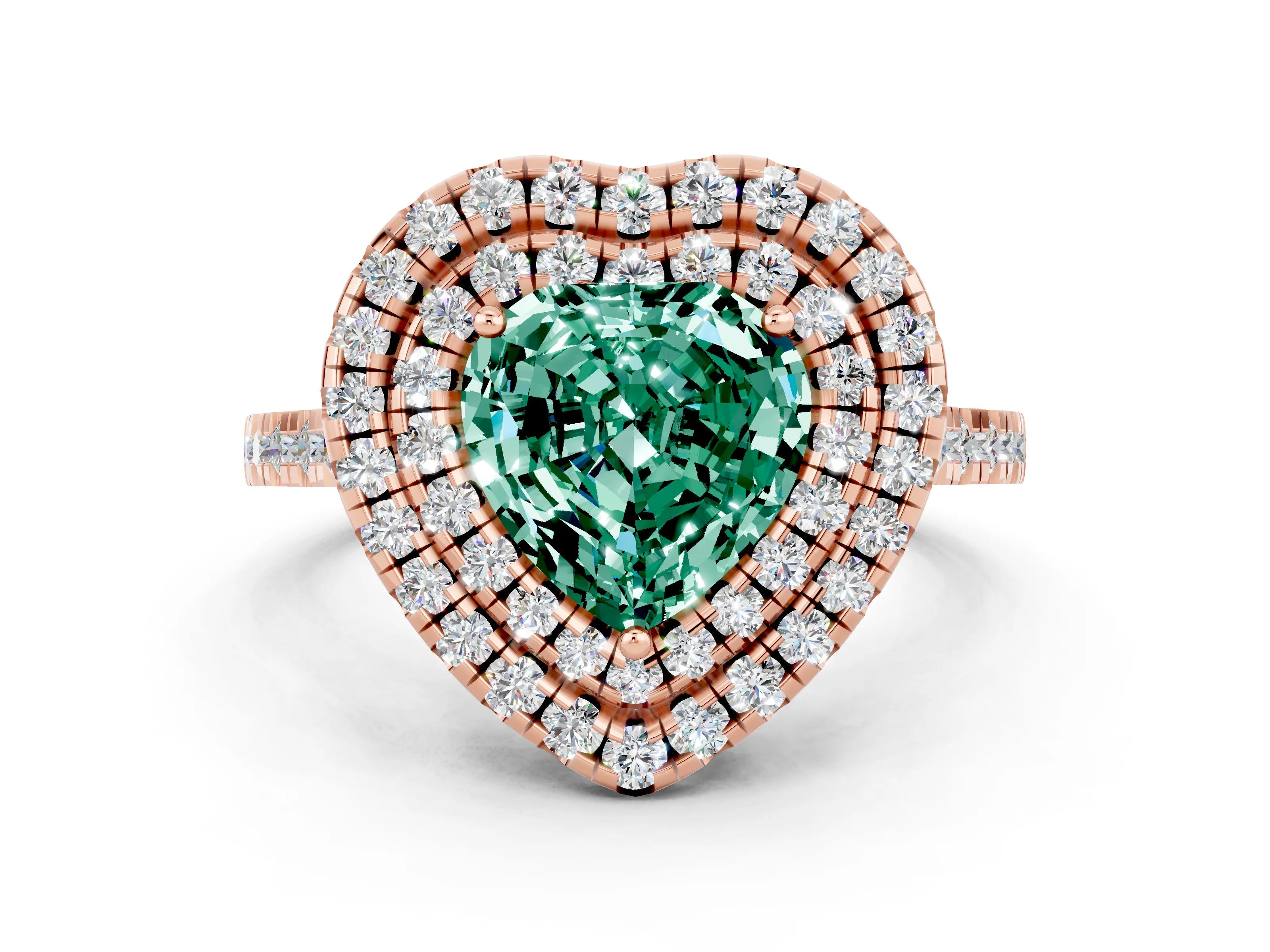 Rose gold Double Halo Heart Cut Green Sapphire Pavé Band with Four-Prong Setting
