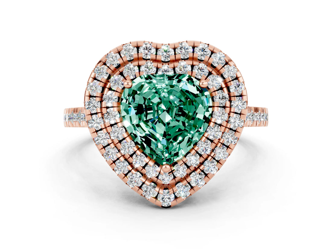 Rose gold Double Halo Heart Cut Green Sapphire Pavé Band with Four-Prong Setting