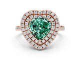 Rose gold Double Halo Heart Cut Green Sapphire Pavé Band with Four-Prong Setting
