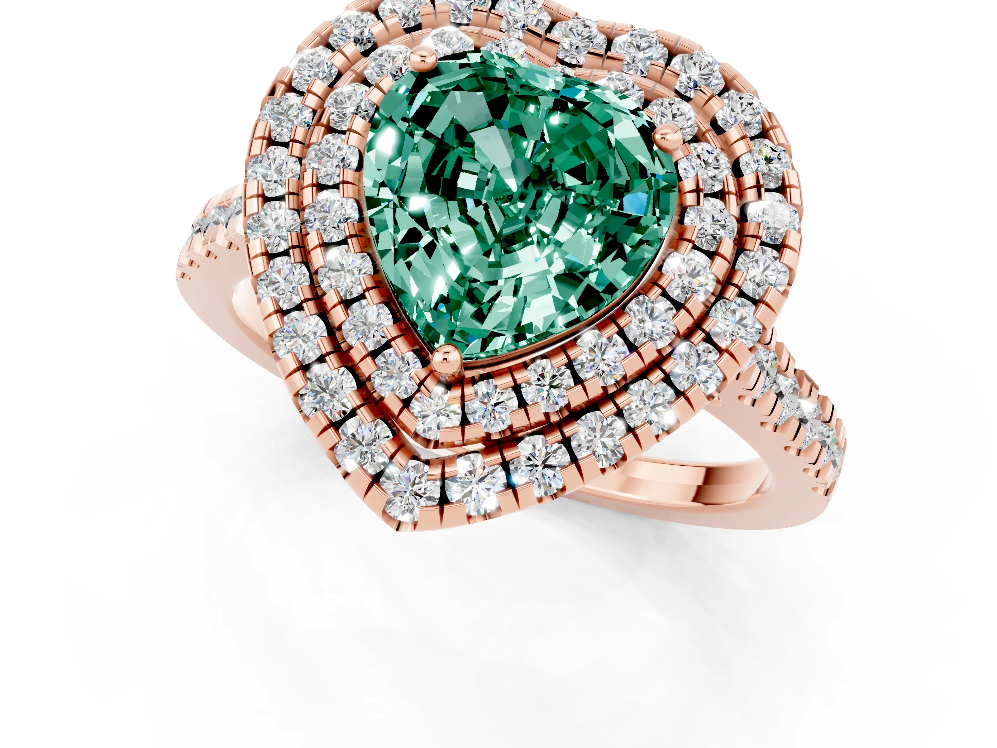 Rose gold Double Halo Heart Cut Green Sapphire Pavé Band with Four-Prong Setting_1