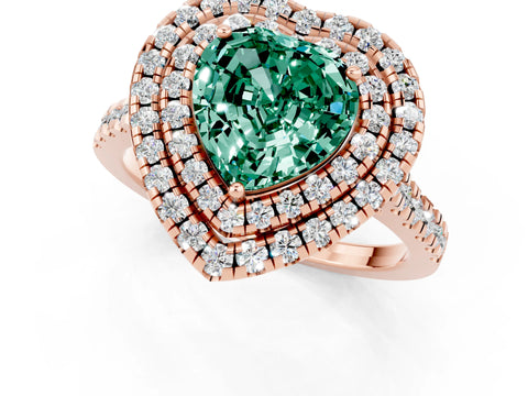 Rose gold Double Halo Heart Cut Green Sapphire Pavé Band with Four-Prong Setting_1