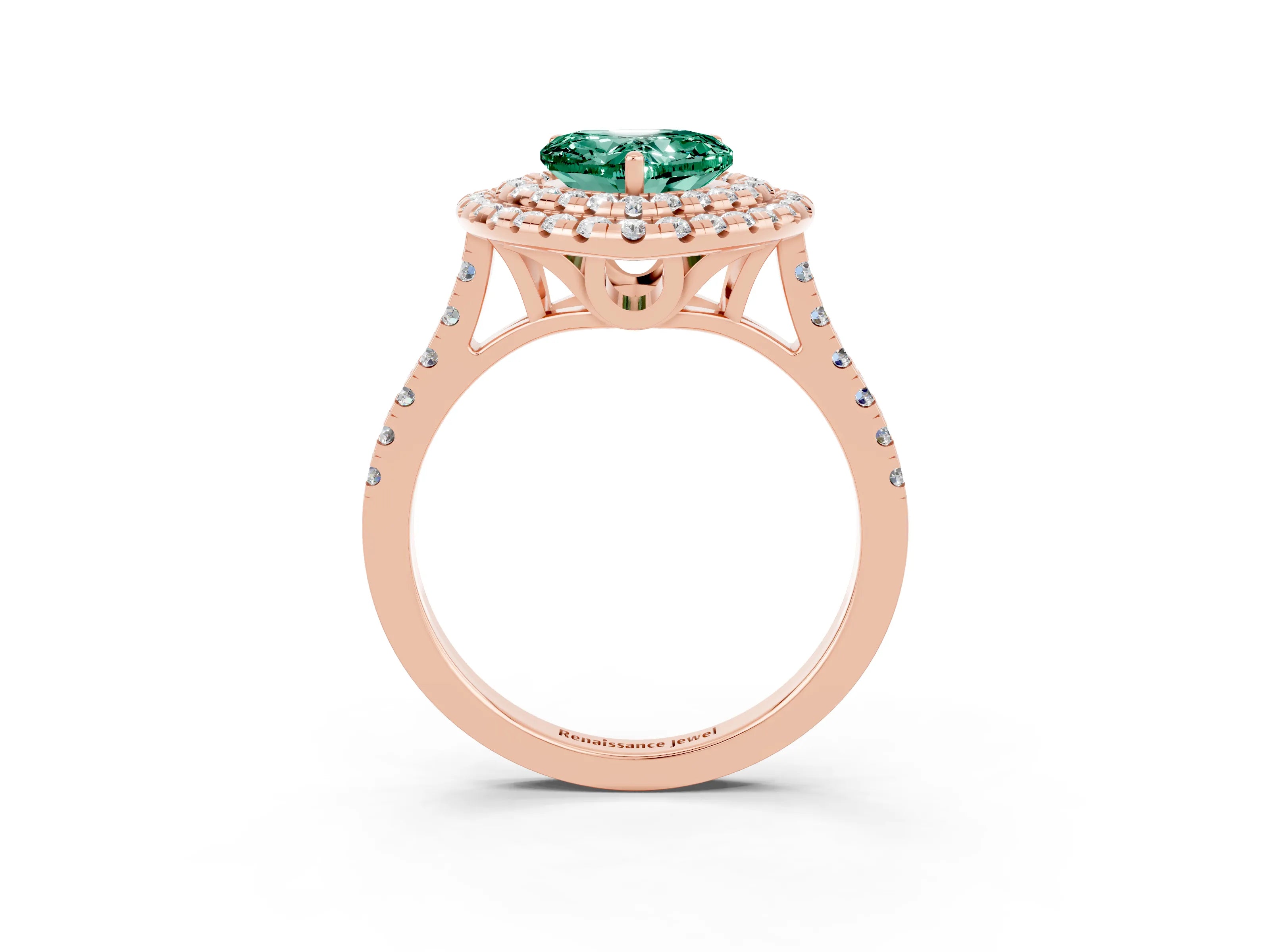 Rose gold Double Halo Heart Cut Green Sapphire Pavé Band with Four-Prong Setting_3