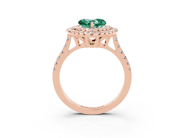 Rose gold Double Halo Heart Cut Green Sapphire Pavé Band with Four-Prong Setting