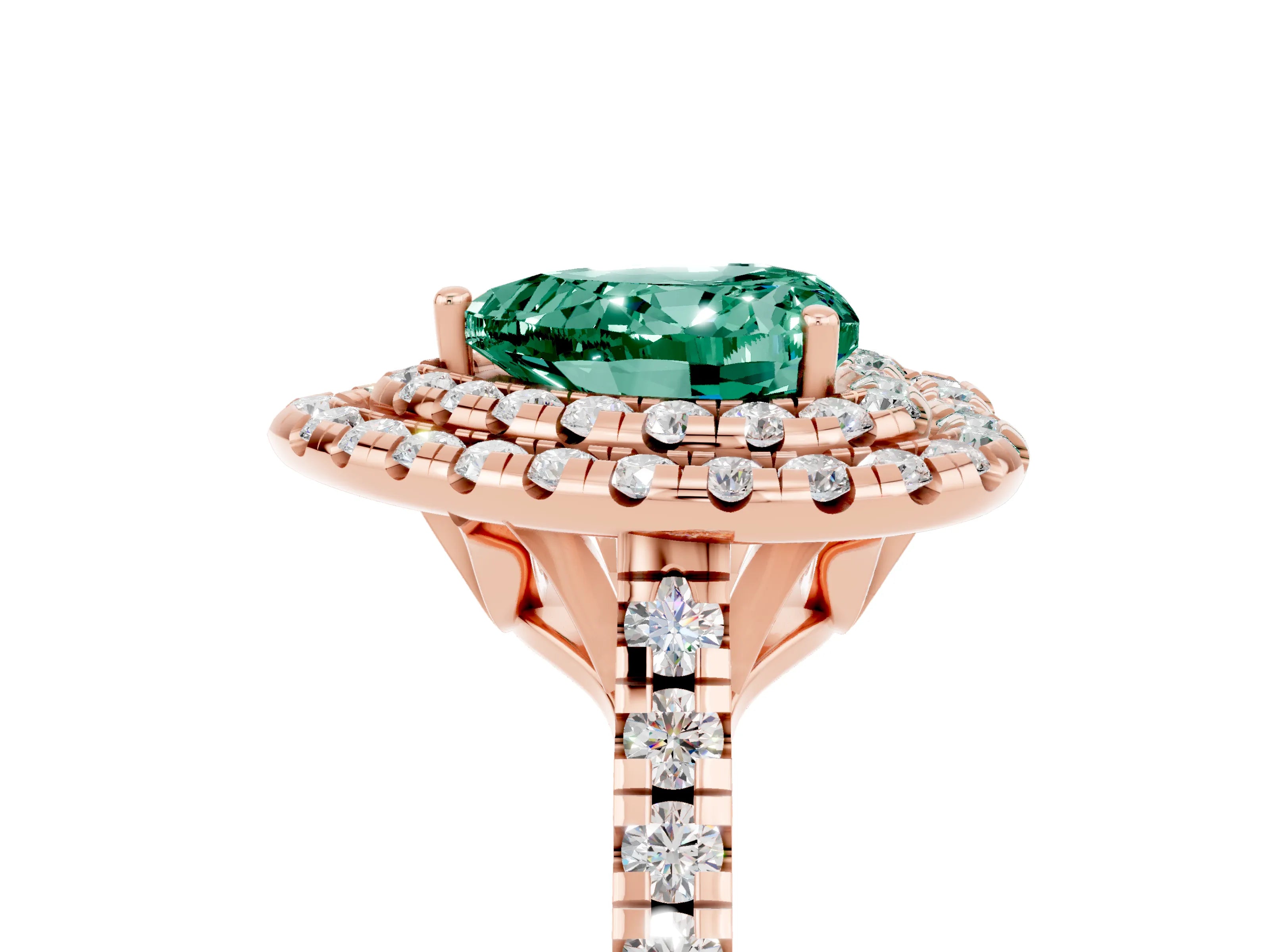 Rose gold Double Halo Heart Cut Green Sapphire Pavé Band with Four-Prong Setting_5