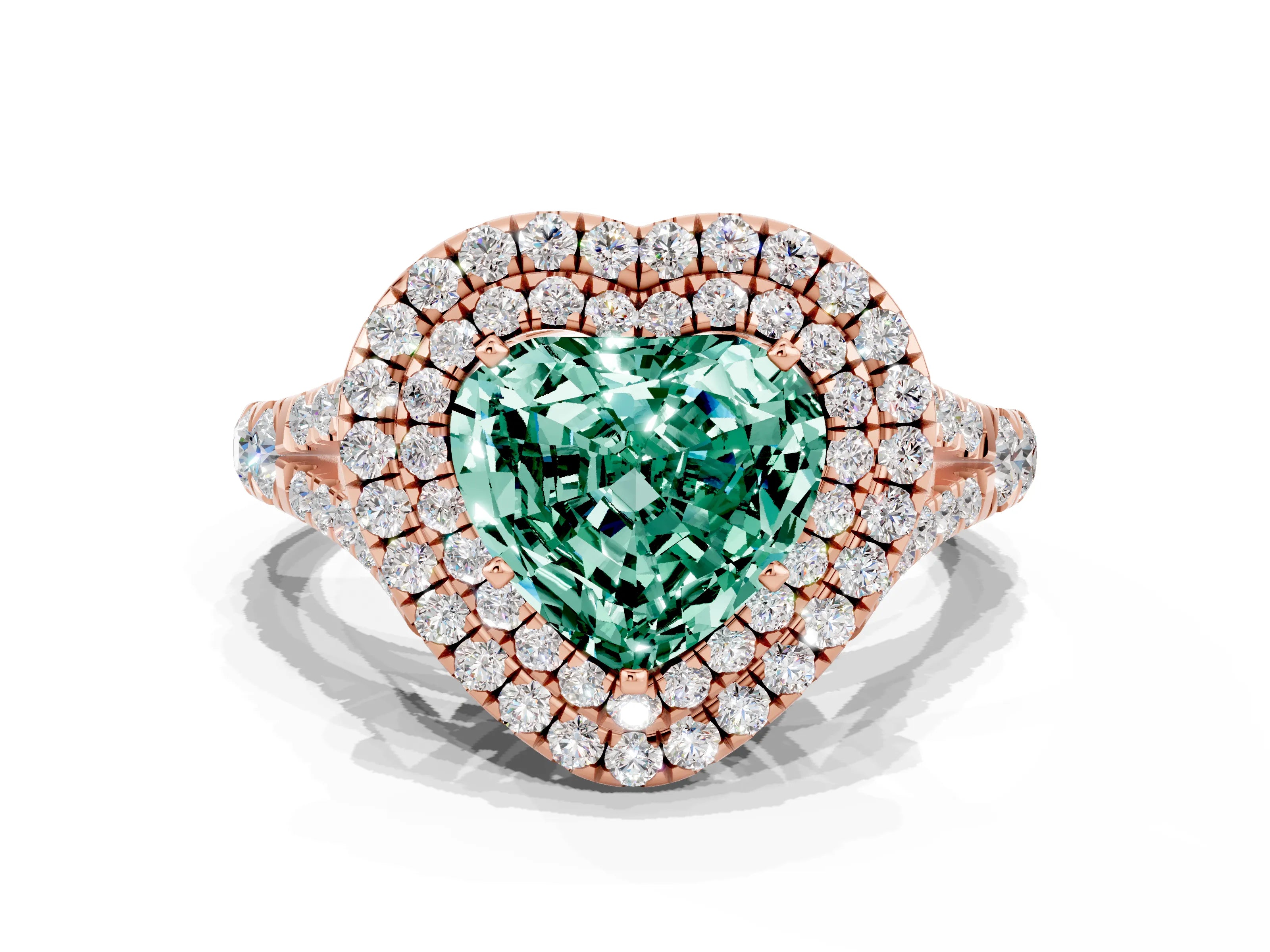 Rose gold Double Halo Heart Cut Green Sapphire Pavé Split Shank Ring with Prong Setting