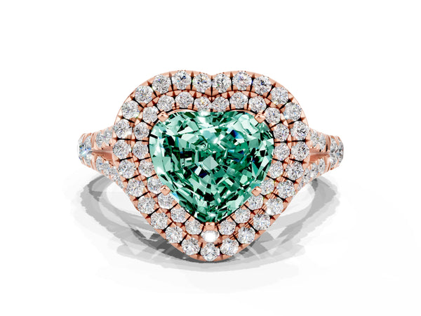 Rose gold Double Halo Heart Cut Green Sapphire Pavé Split Shank Ring with Prong Setting