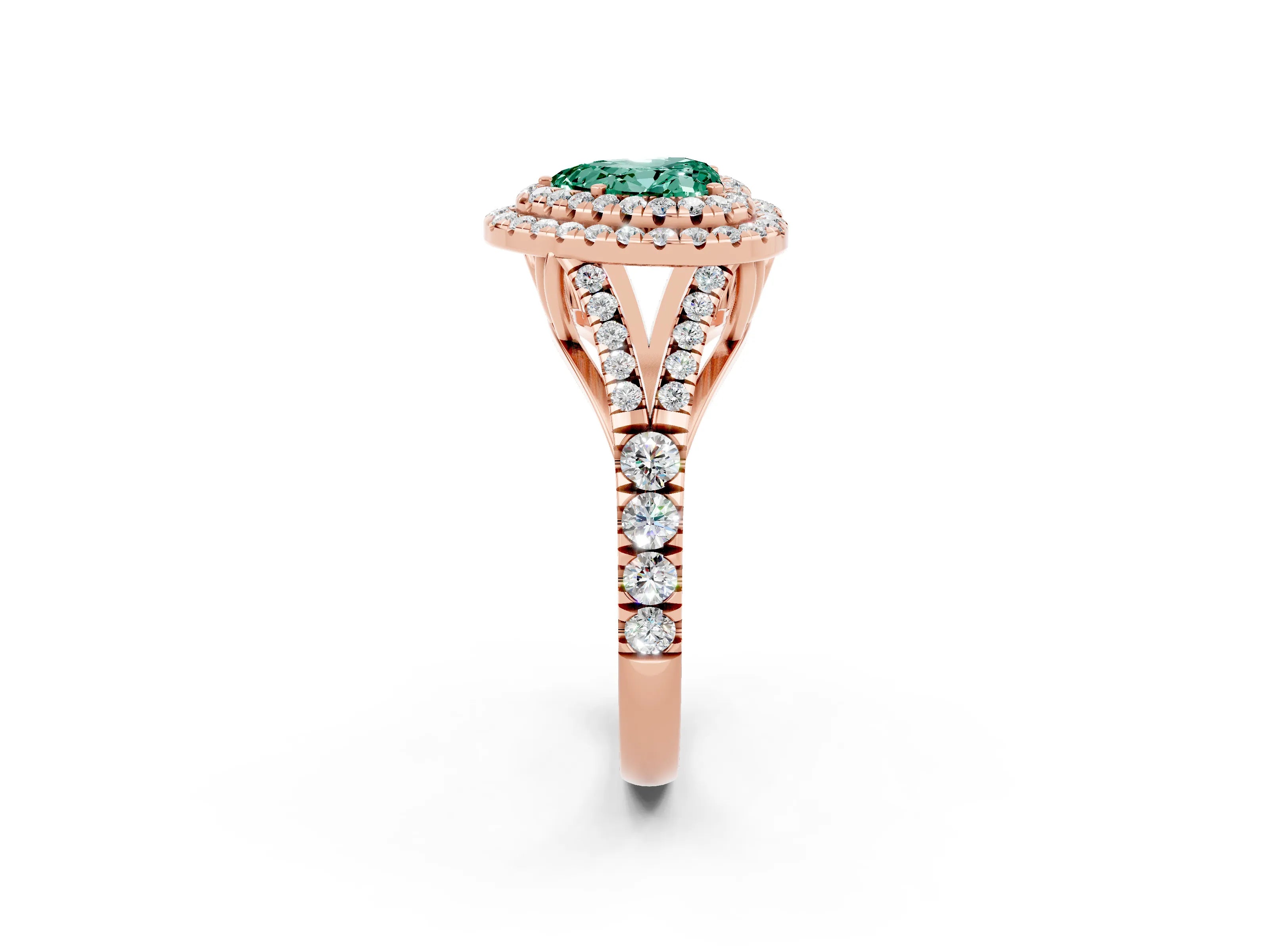 Rose gold Double Halo Heart Cut Green Sapphire Pavé Split Shank Ring with Prong Setting_2
