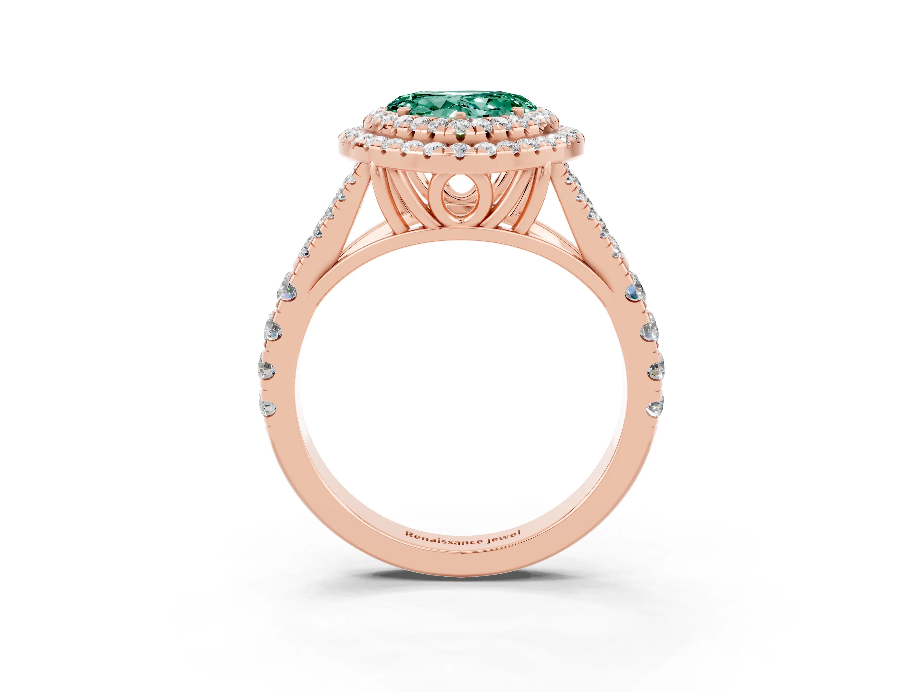 Rose gold Double Halo Heart Cut Green Sapphire Pavé Split Shank Ring with Prong Setting_3