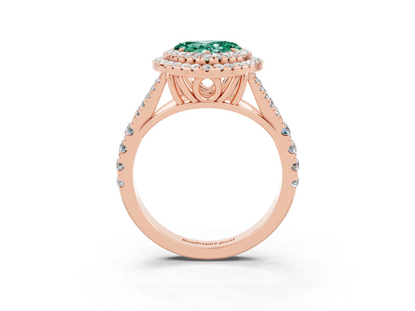 Rose gold Double Halo Heart Cut Green Sapphire Pavé Split Shank Ring with Prong Setting