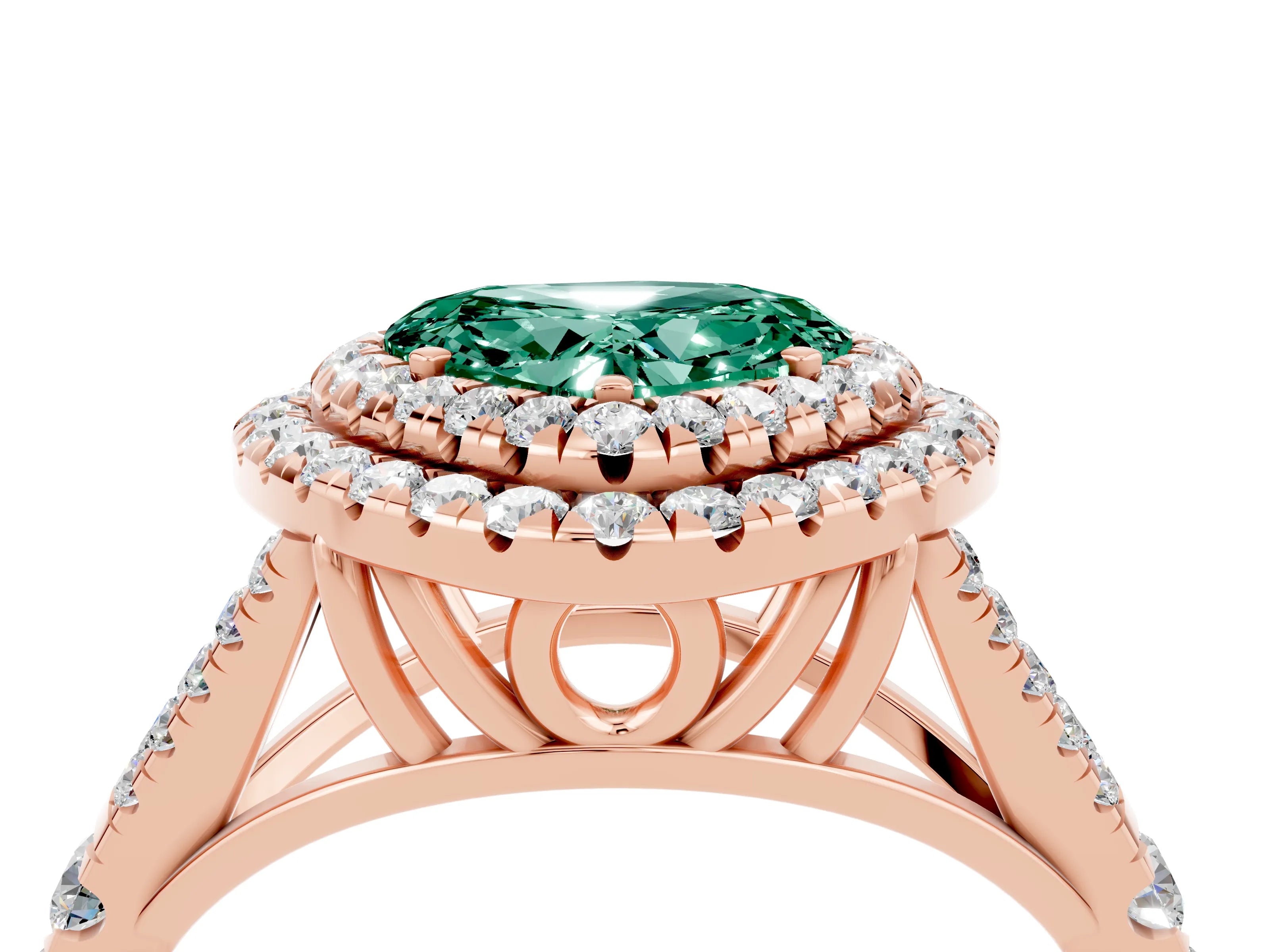 Rose gold Double Halo Heart Cut Green Sapphire Pavé Split Shank Ring with Prong Setting_4
