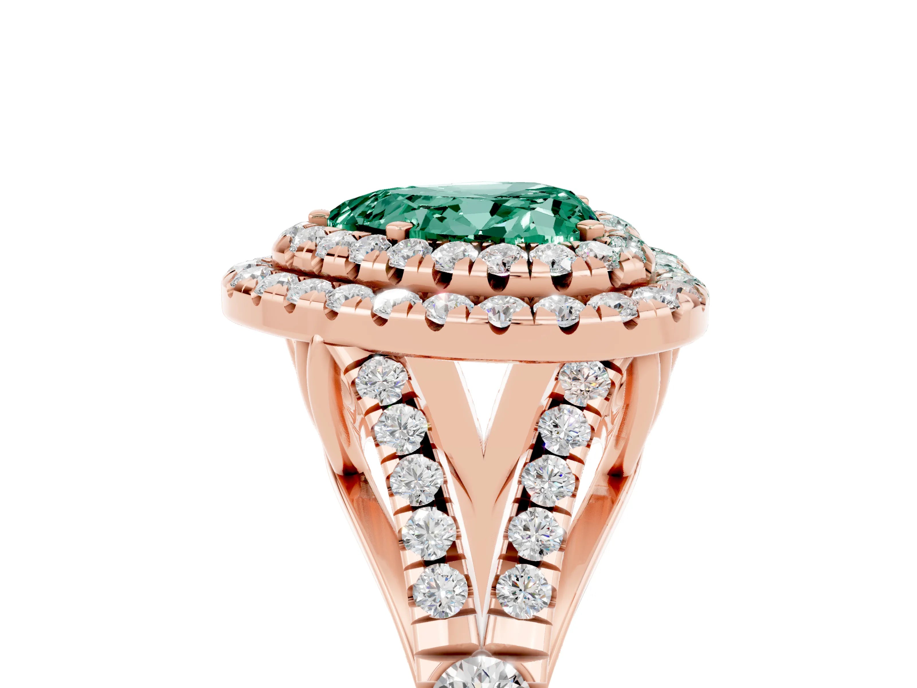 Rose gold Double Halo Heart Cut Green Sapphire Pavé Split Shank Ring with Prong Setting_5