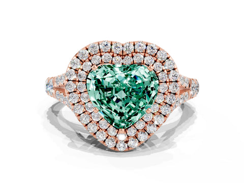 Rose gold Double Halo Heart Cut Green Sapphire Pavé Split Shank Ring with Prong Setting