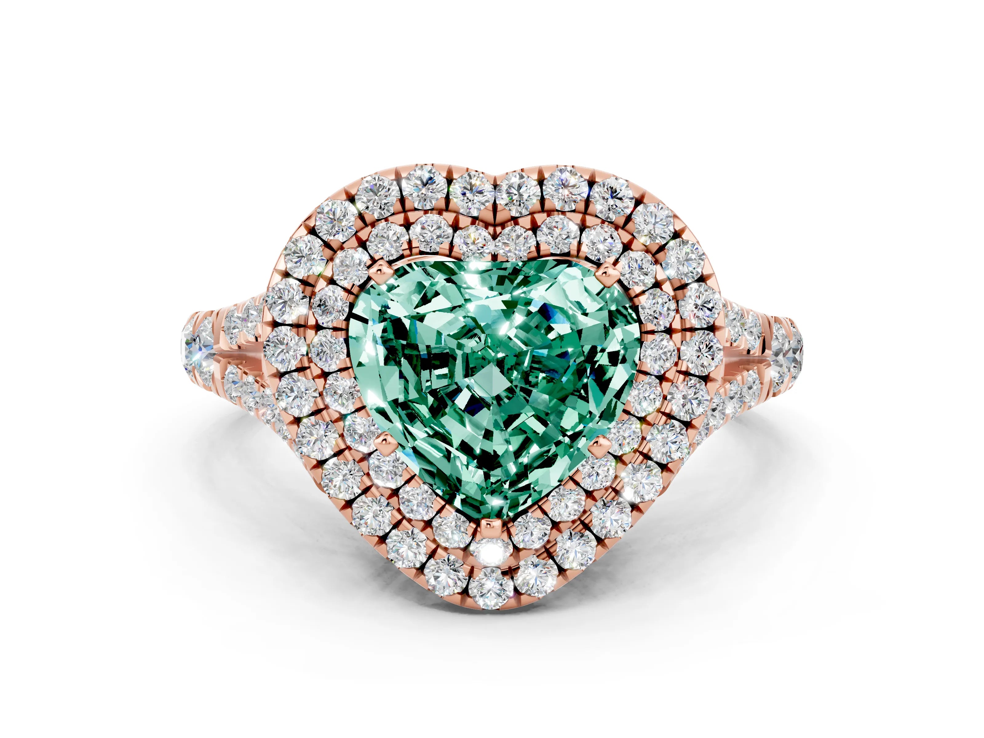 Rose gold Double Halo Heart Cut Green Sapphire Split Shank Engagement Ring with Four-Prong Setting
