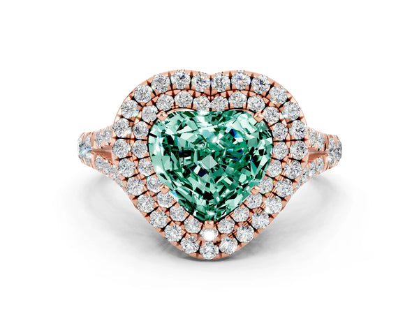Rose gold Double Halo Heart Cut Green Sapphire Split Shank Engagement Ring with Four-Prong Setting