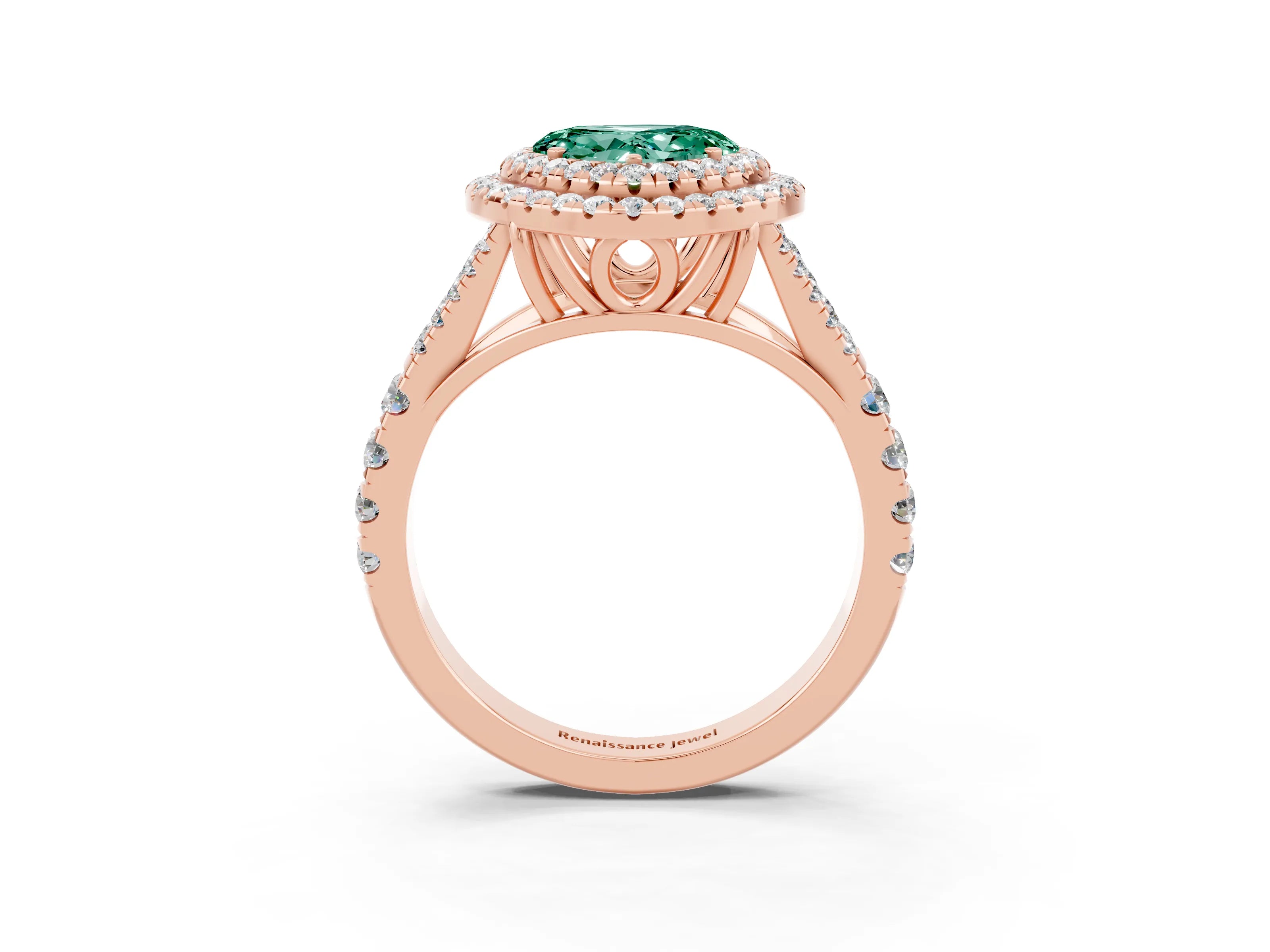 Rose gold Double Halo Heart Cut Green Sapphire Split Shank Engagement Ring with Four-Prong Setting_3