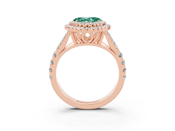 Rose gold Double Halo Heart Cut Green Sapphire Split Shank Engagement Ring with Four-Prong Setting