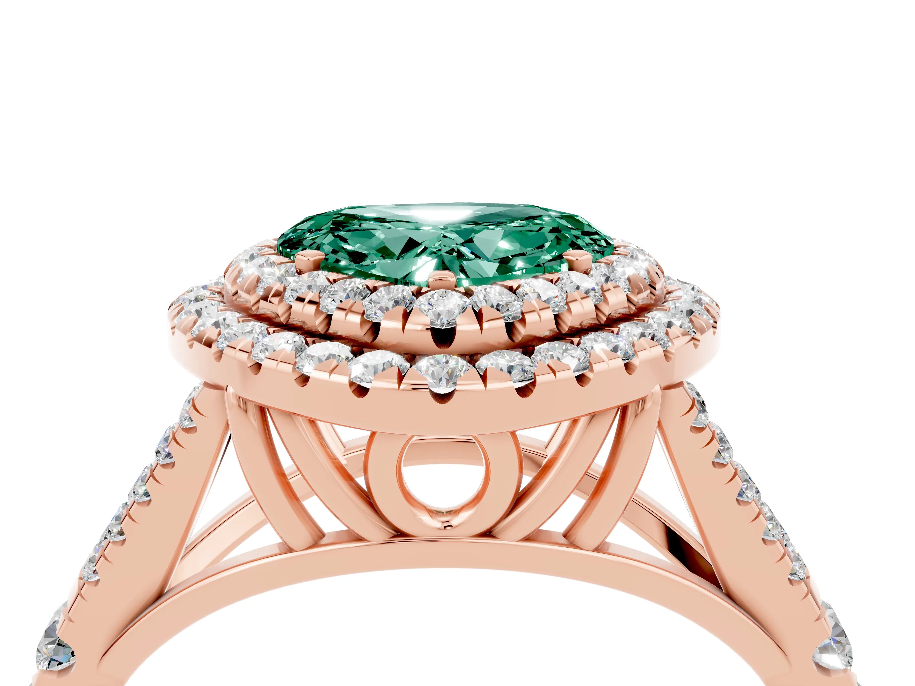 Rose gold Double Halo Heart Cut Green Sapphire Split Shank Engagement Ring with Four-Prong Setting_4