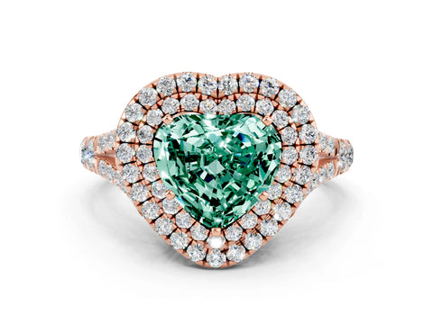 Rose gold Double Halo Heart Cut Green Sapphire Split Shank Engagement Ring with Four-Prong Setting