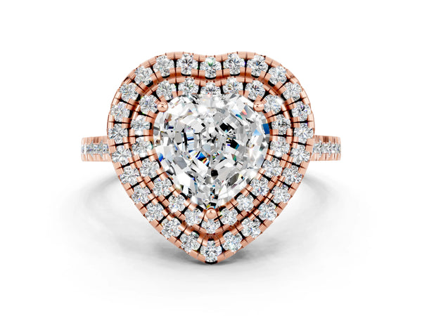Rose gold Double Halo Heart Cut Moissanite Pavé Band with Four-Prong Setting