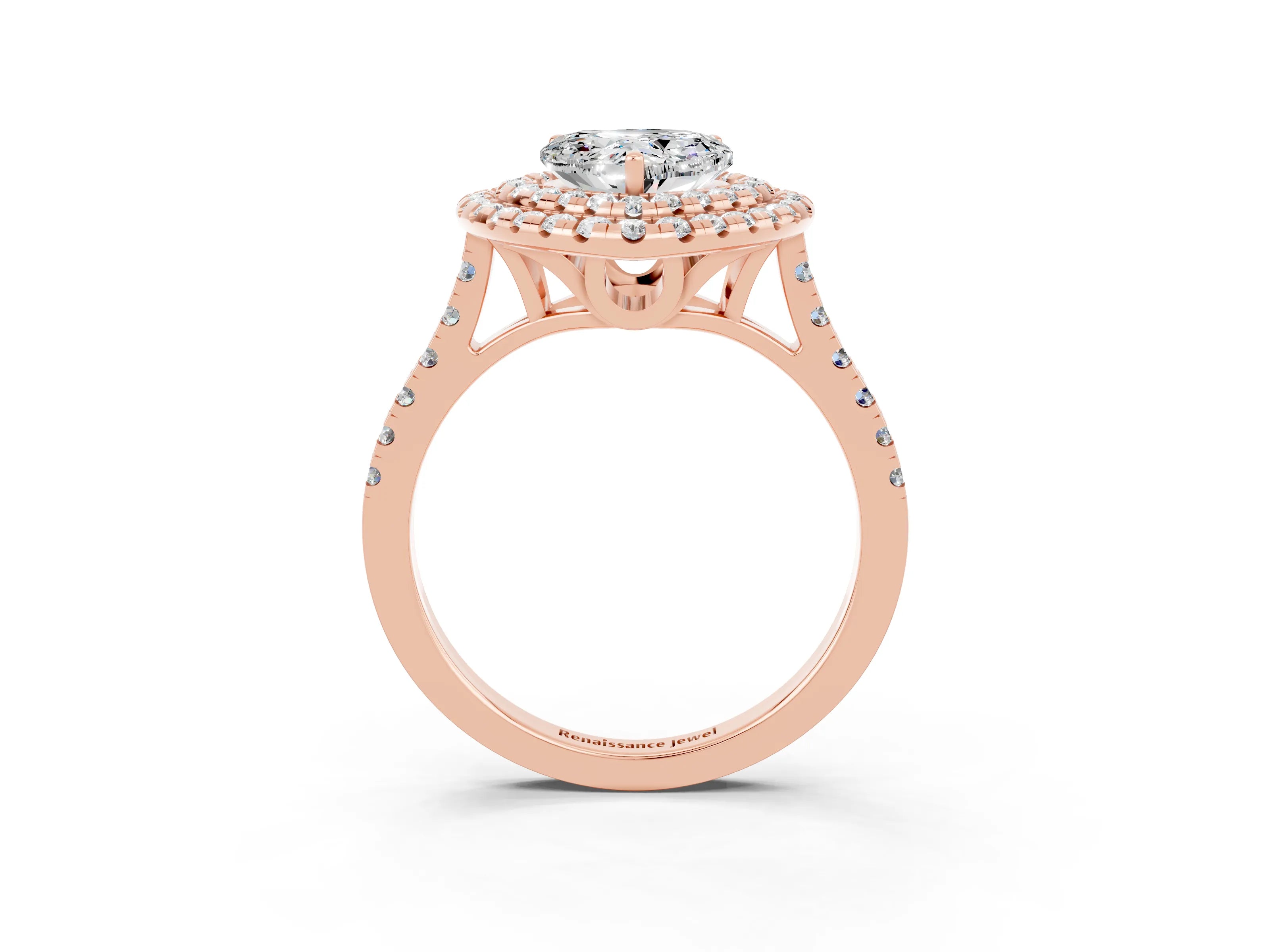 Rose gold Double Halo Heart Cut Moissanite Pavé Band with Four-Prong Setting_3