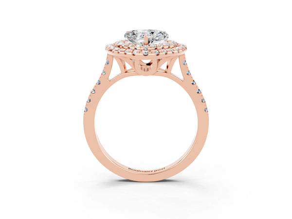 Rose gold Double Halo Heart Cut Moissanite Pavé Band with Four-Prong Setting