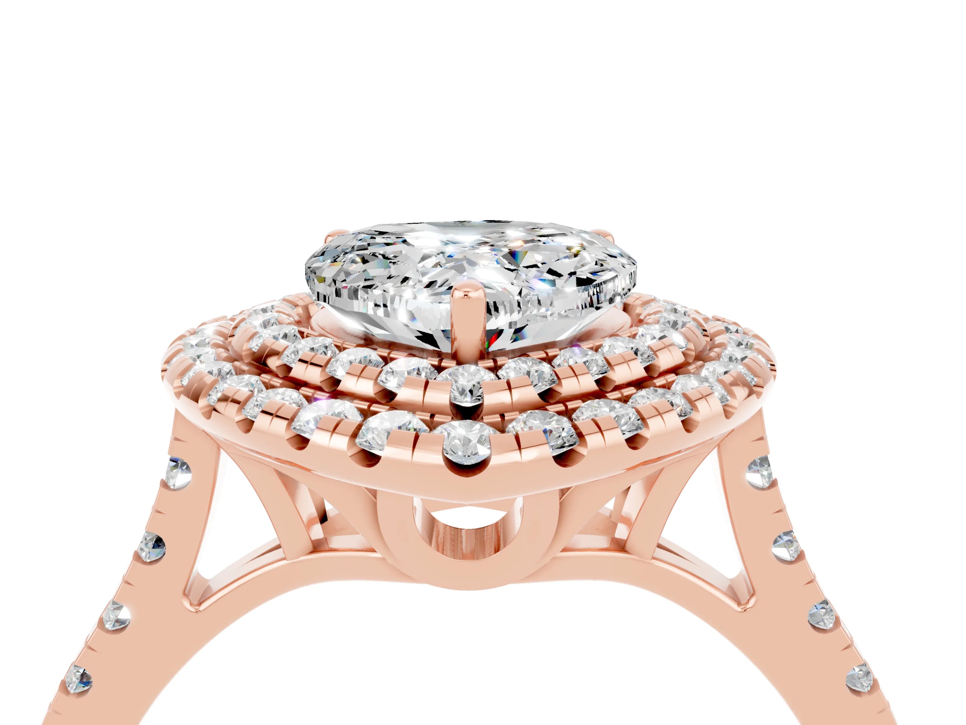 Rose gold Double Halo Heart Cut Moissanite Pavé Band with Four-Prong Setting_4